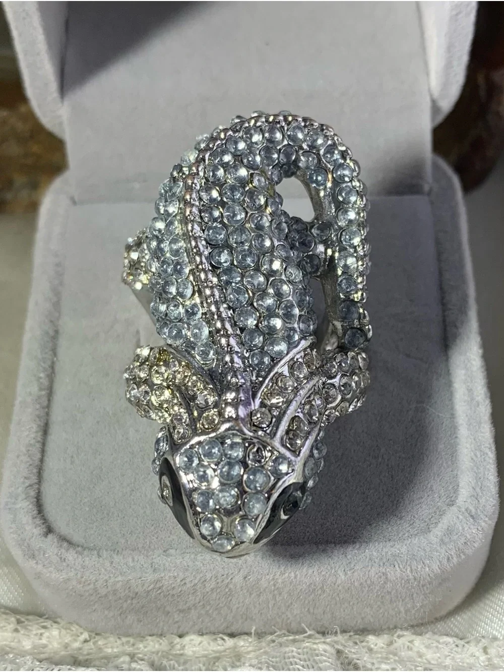 Silver Crystal Lizard Ring - Sparkling Statement Ring size 7